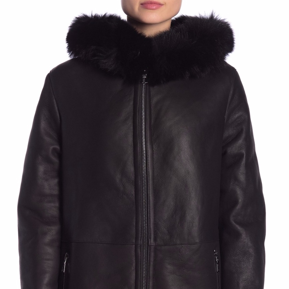 BLUE DUCK Fox Fur-Trim Sheepskin Hooded Jacket - Picture 2 of 15